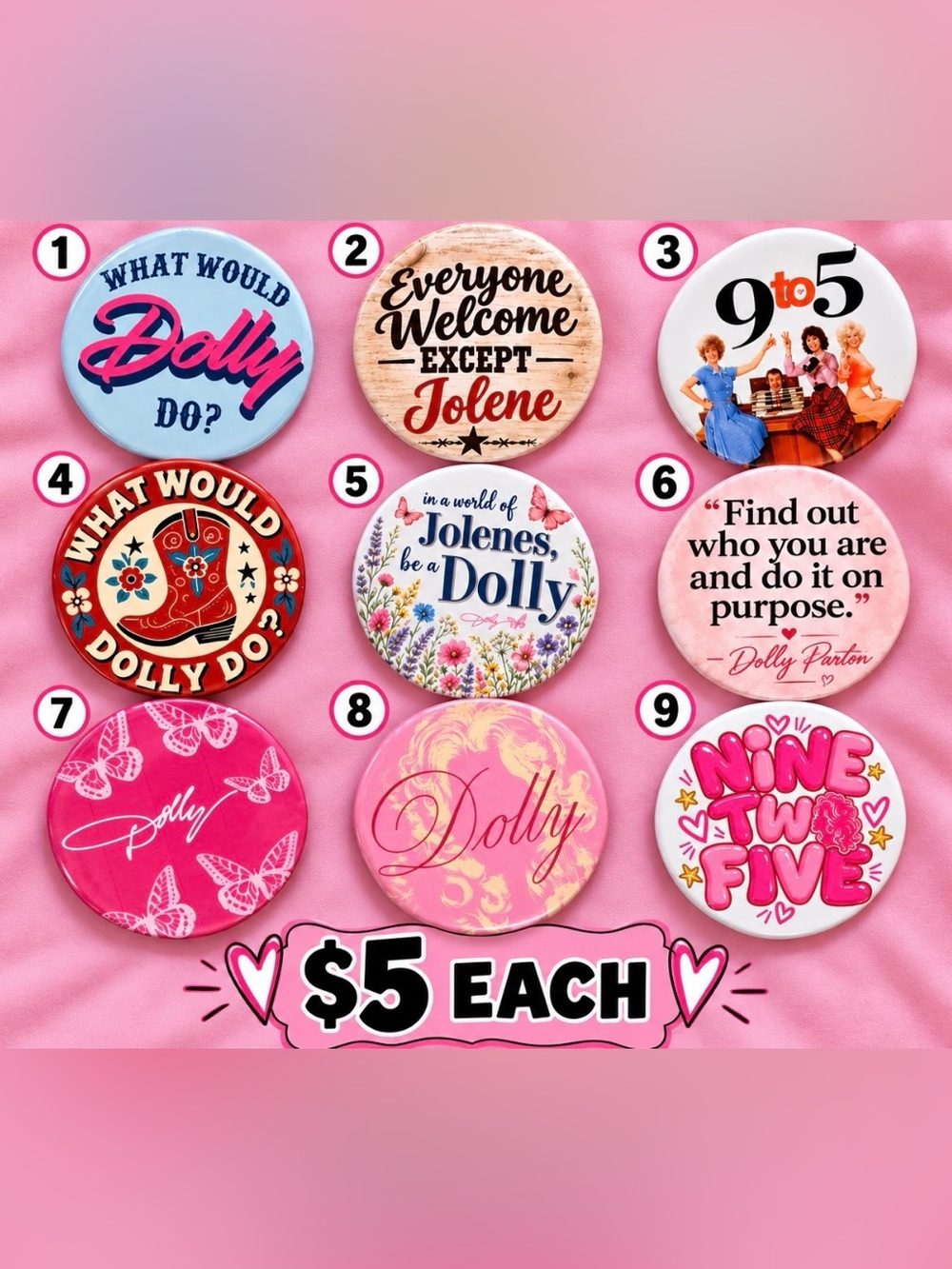 Dolly Parton Style Pinback Button Collection